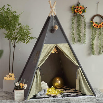 Teepee Tent for Kids Stripe Padded Mat Foldable Dark Tone Grey Play Tents for Girl and Boy with Carry Case Wooden