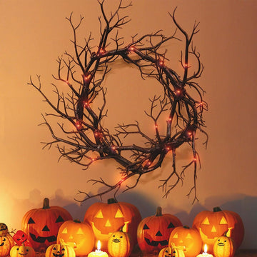 Spooky Halloween Wreath with Red Lights - Glitter Black Branch Handcrafted Decor for Front Door, Indoor/Outdoor Party