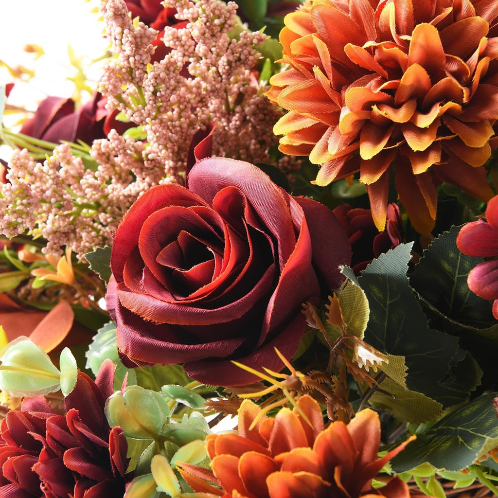 Fall Artificial Faux Flowers in Vase Fake Silk Rose Bouquets Indoor Decor - Set of 4