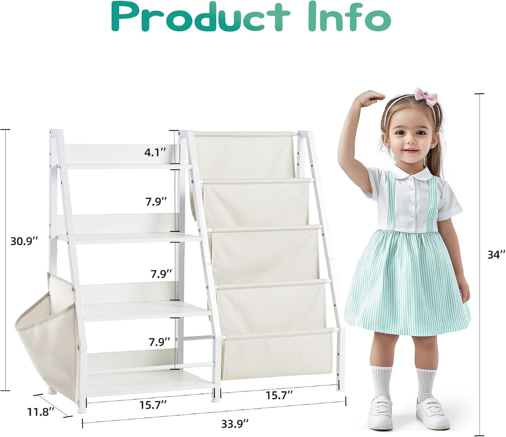 Kids Bookshelf with Extra Pocket, 4 Tier Toddler Bookshelf and Toy Storage Organizer for Kids, Bookcase Nursery Book