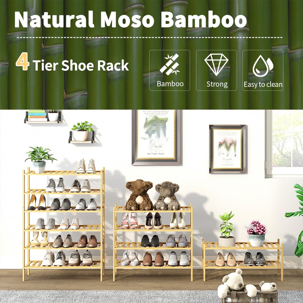 4-Tier Bamboo Shoe Rack, Stackable | Heavy Duty | Multi-Function, Free Standing Shoe Racks Hallway Closet