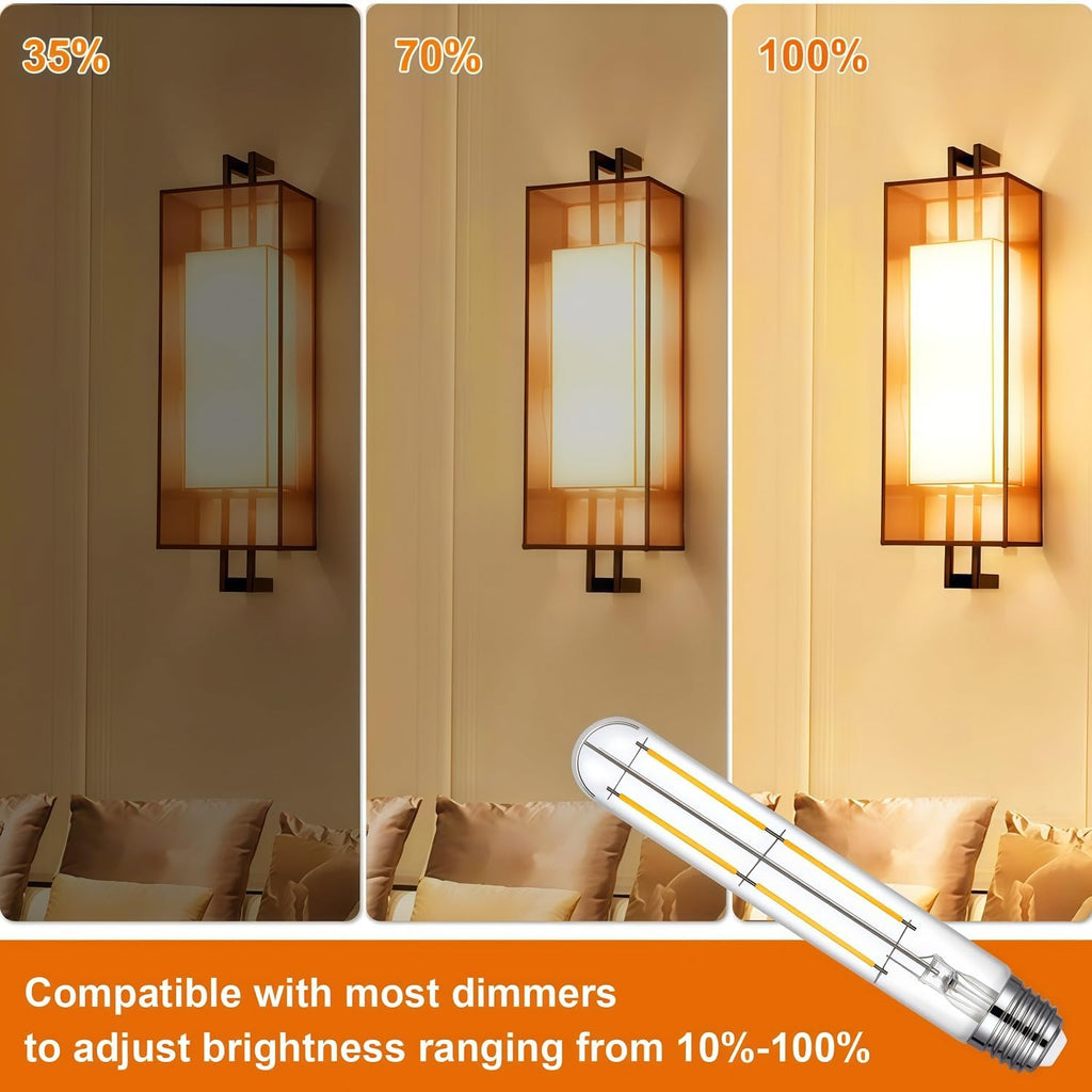 7.3 Inch LED T10 Tubular Edison Bulb 2700K 6W Dimmable E26 Base