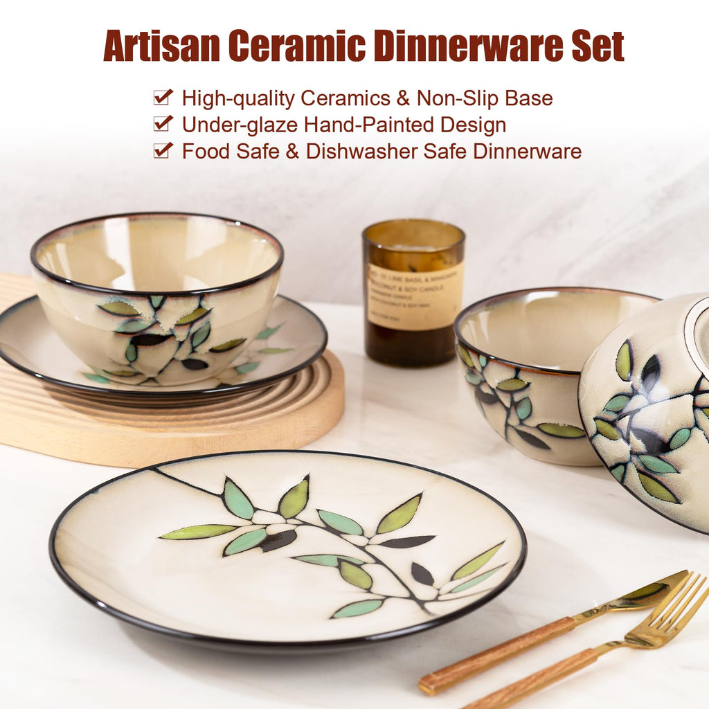 Bamboo Leaf Ceramic Dinner Plates Set of 12, Porcelain Dinnerware for Steak/Salad/Pasta/Dessert, Perfect , Party