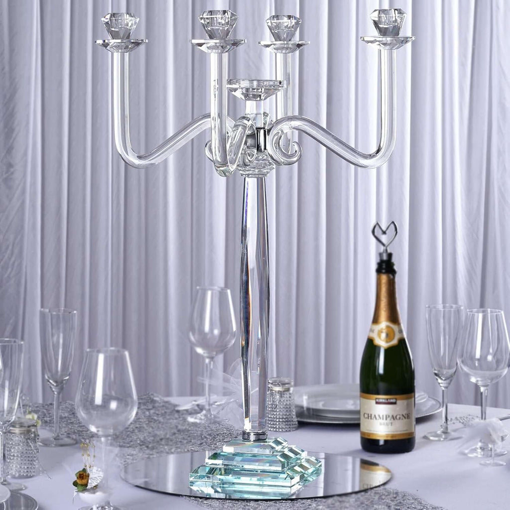 27" Tall Handcrafted Gem Cut 5 Arm Crystal Modern Glass Candelabra Candle Holder Wedding Centerpiece