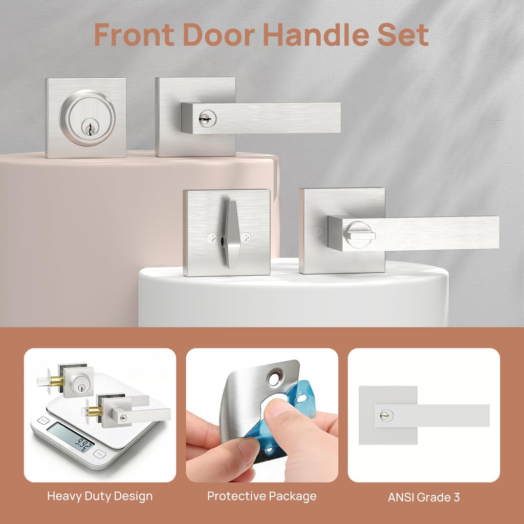 Exterior Door Lock Set with Deadbolt, Door Locks for Front Door with Single Cylinder Deadbolt Lock, Brushed Nickel