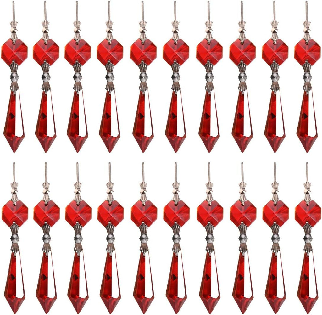 20pcs Red Crystal Chandelier Icicle Prisms Lamp Candelabra Replacement Parts with Octagon Beads