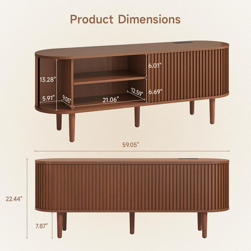 59" TV Stand for 65" TV with Power Outlet, Entertainment Center with Solid Wood Leg, Fluted TV Console with