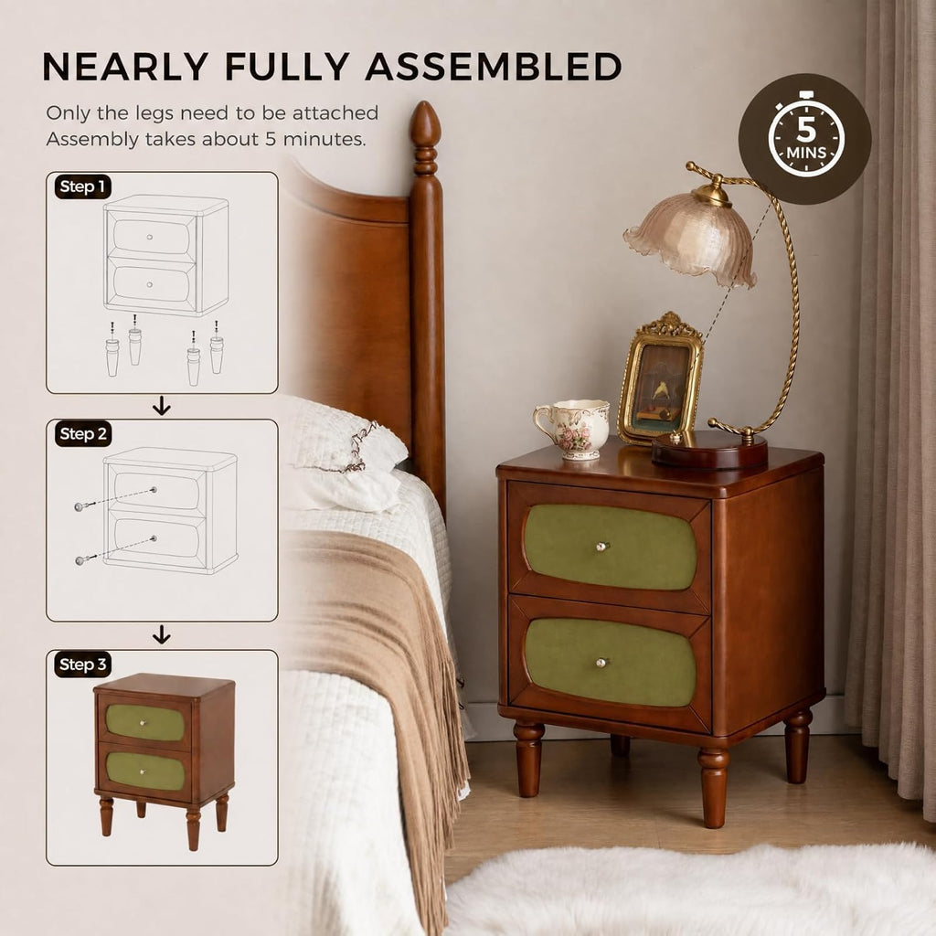 100% Solid Wood Nightstand, Mid Century Modern Nightstand with Drawers, Wooden Nightstands, Small Night Stand