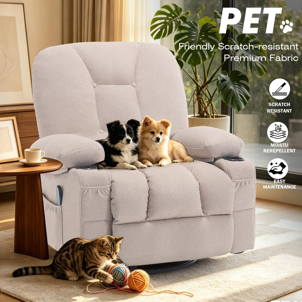 Rocking Recliner Chair with Massage Heat, Beige | Overstuffed Rocker Swivel Glider Sofa, Manul, Fabric, Living Room