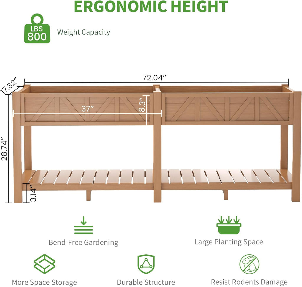 All-Weather Elevated Raised Garden Bed with Legs,72"L x 17"W x 28.7"H | Large Outdoor Planter Box with Storage