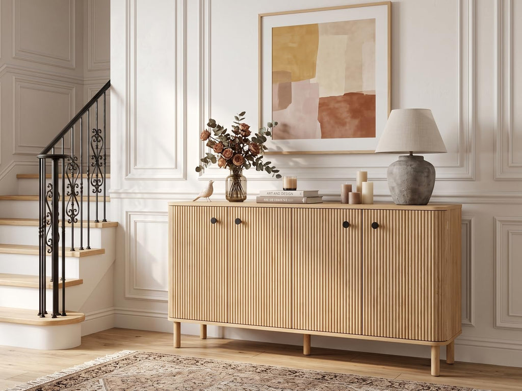 55'' Large Fluted Sideboard Buffet Cabinet, Kitchen & Dining Natural Oak Wood Buffet, Adjustable Shelves, Solid Wood