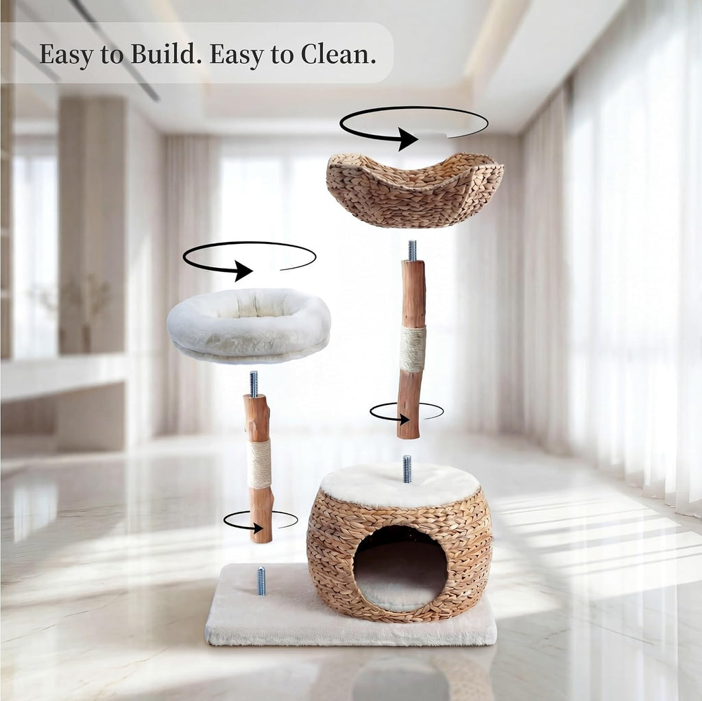 Modern Cat Tree Tower with Cave, Real Wood Cat Scratching Post with Bed for Indoor Cats Large Adult, Solid Wooden