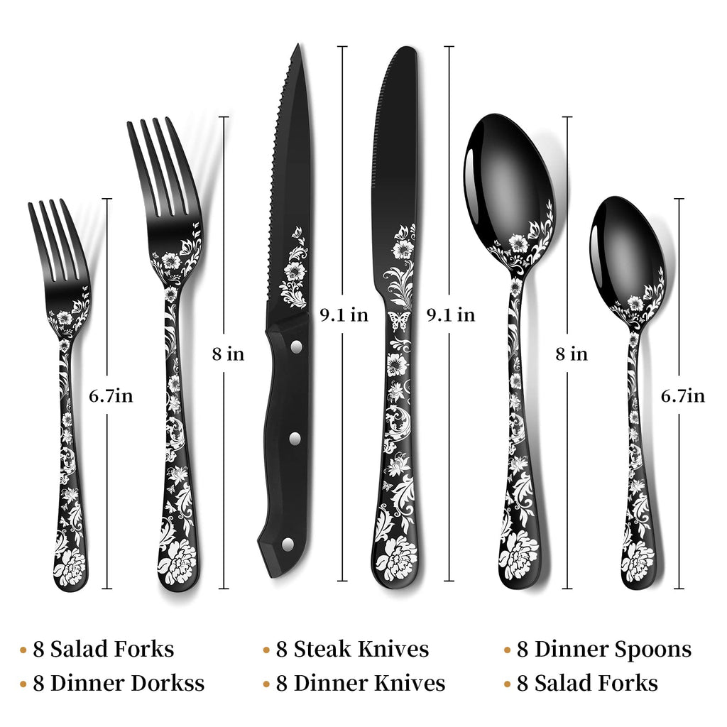 48-Piece Black Silverware Set with Steak Knife, Black Flatware Sets for 8, Stainless Steel Cutlery Set Includes Forks