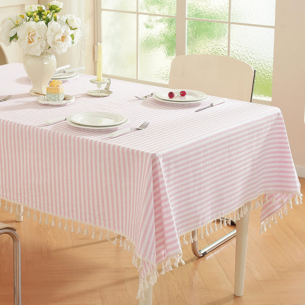 Striped Rectangle Tablecloth, Cotton Blend Fabric Pink Table Cloth with Tassel, Washable Wrinkle Free Table Cover