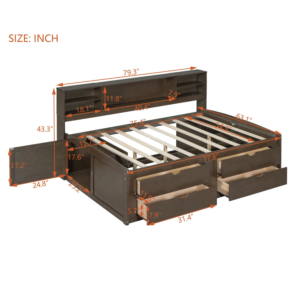 Full Size Solid Wood Daybed with Storage Drawers, Antique Brown
