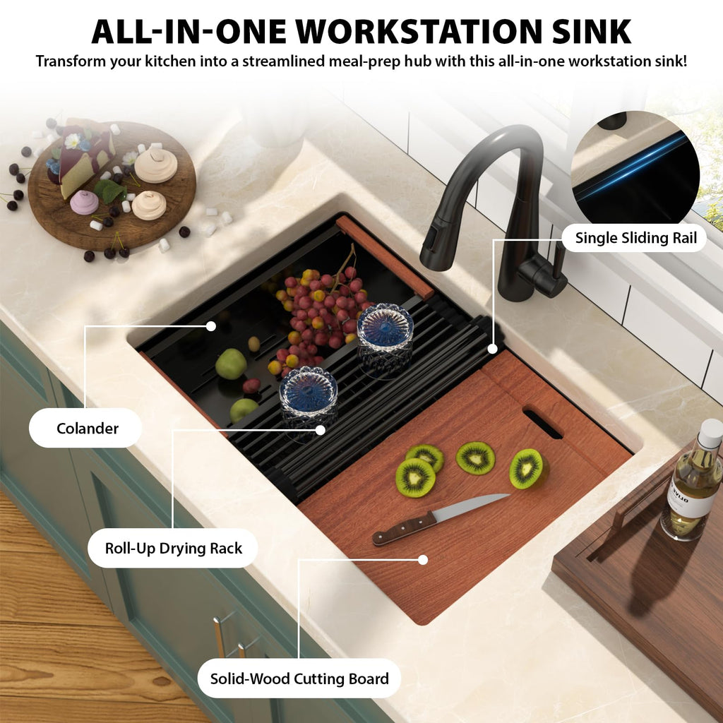 27 Inch Matte Black Undermount Kitchen Sink Workstation