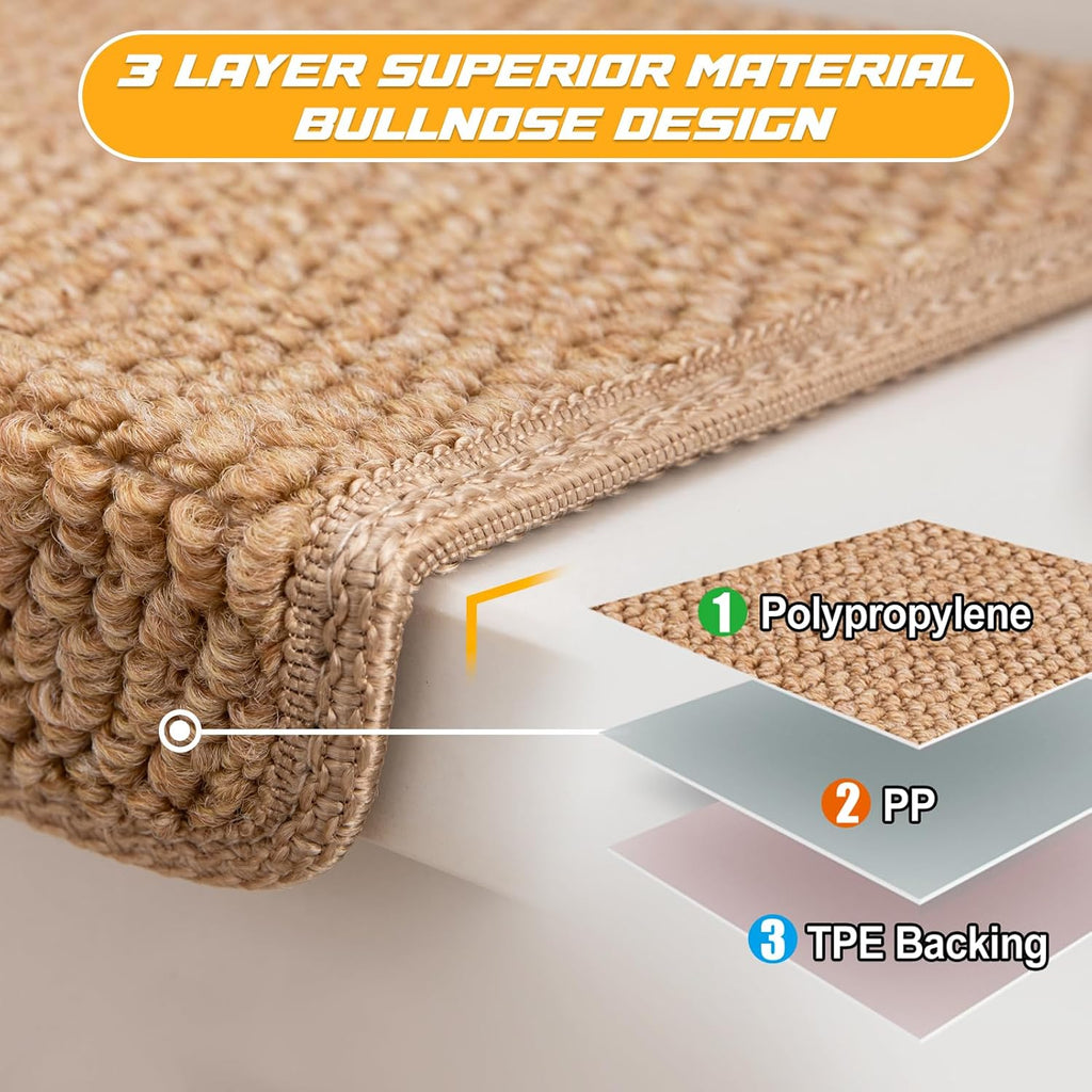Bullnose Carpet Stair Treads Faux Sisal for Wooden Steps Indoor | Set of 14 Anti Slip Indoor Staircase Protector Rugs