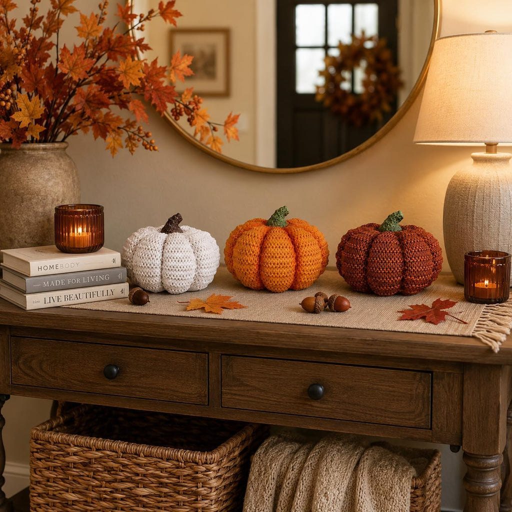 Fall Pumpkin Decor, Resin Pumpkins Figurines for Fall Decor, Rustic Knit Textured Pumpkins Fall Decorations - Set of 3
