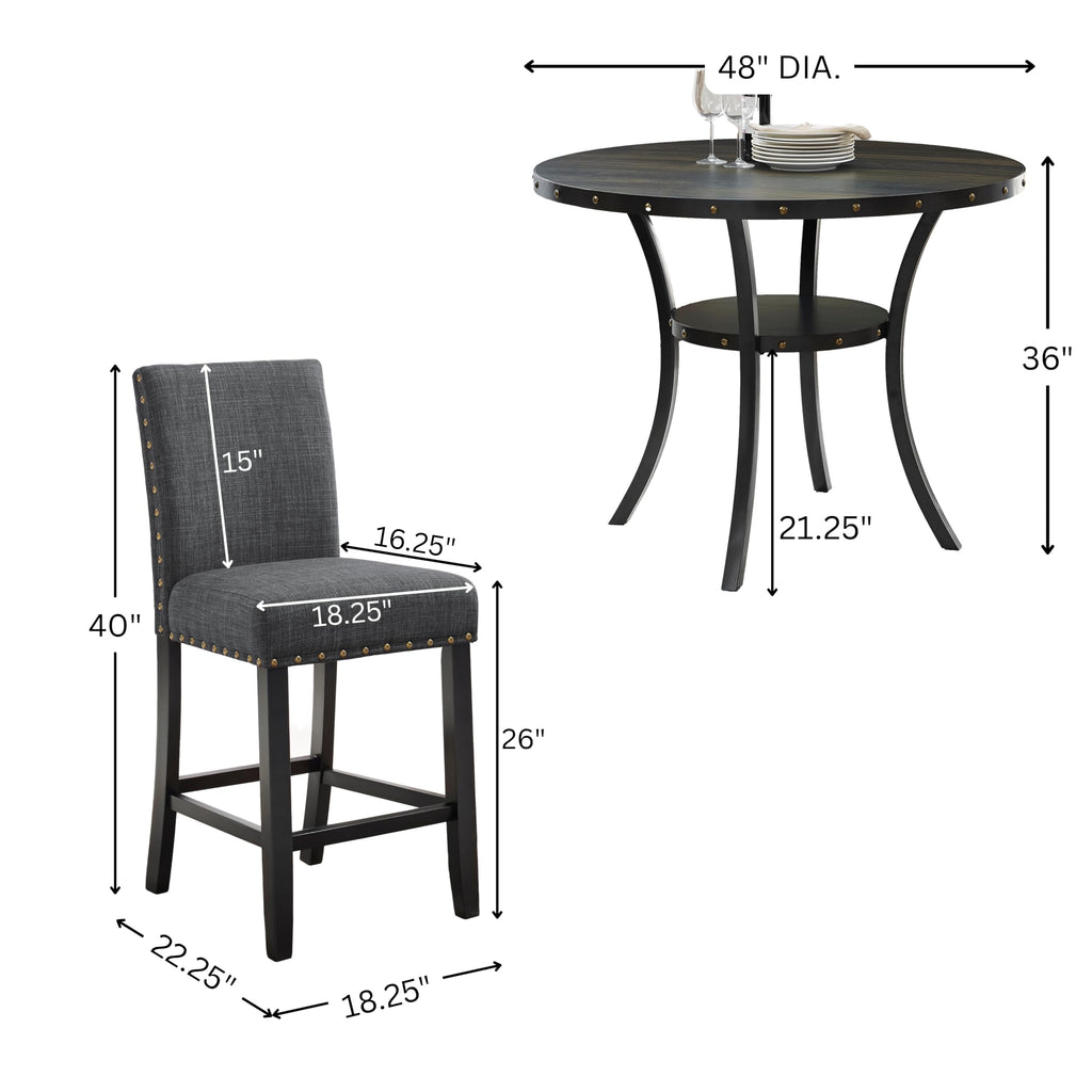 Collection Biony Espresso Wood Counter Height Dining Set with Gray Fabric Nailhead Stools