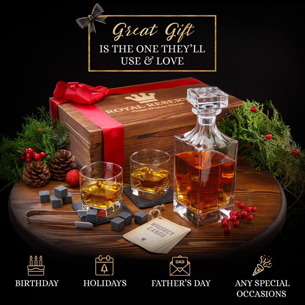 Whiskey Decanter Gift Set by - Liquor Bourbon Decanter 24 oz 750 ml with Glasses, Chilling Stones, Coasters and Tong