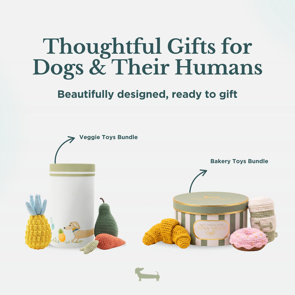 Café Bakery Puppy Toy Gift Set - 3 Hand-Knit Organic Cotton Plush Dog Toys: Croissant, Donut & Coffee Cup for