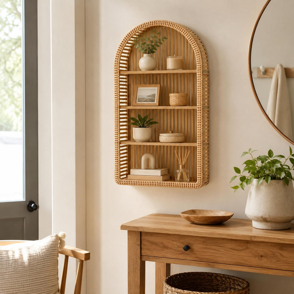Rattan Wall Shelf 4 Tier Boho Wall Shelf, Arched Decorative Wall Shelf Set