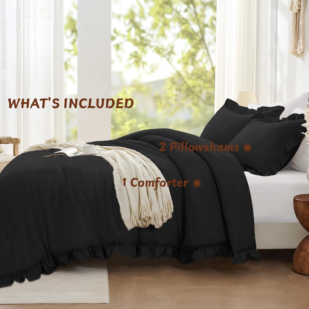 Comforter Sets, Ruffle Bedding Set, 3 Piece Bed Set, Black