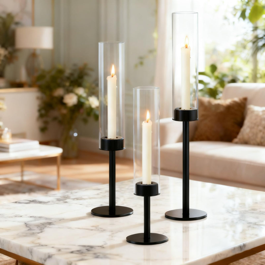 Black Taper Candle Holder Set with Glass Hurricane - Modern Candlestick Holders, Premium Gift Set for Wedding, Fall