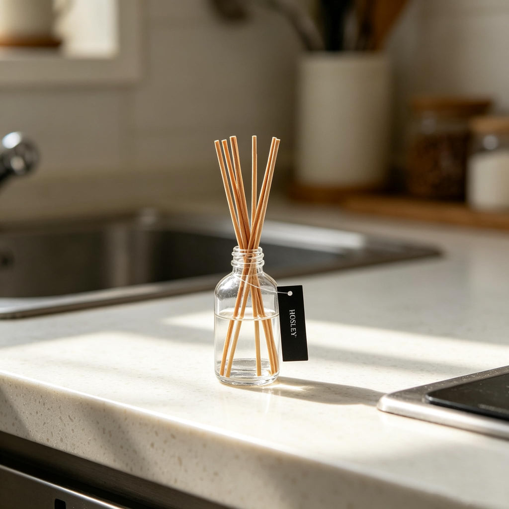 Set of 4 Glass Diffuser Bottles 85ml Boston Round Empty Aromatherapy Vessels with 100 Rattan Reed Sticks 8.75" Bulk
