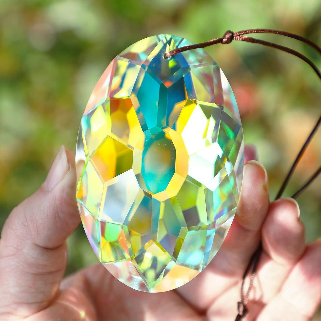 3.5 Inch Oval Crystal Prism Suncatcher, AB Rainbow Maker - AB Coating Faceted Glass Pendant, Colorful Light Catcher