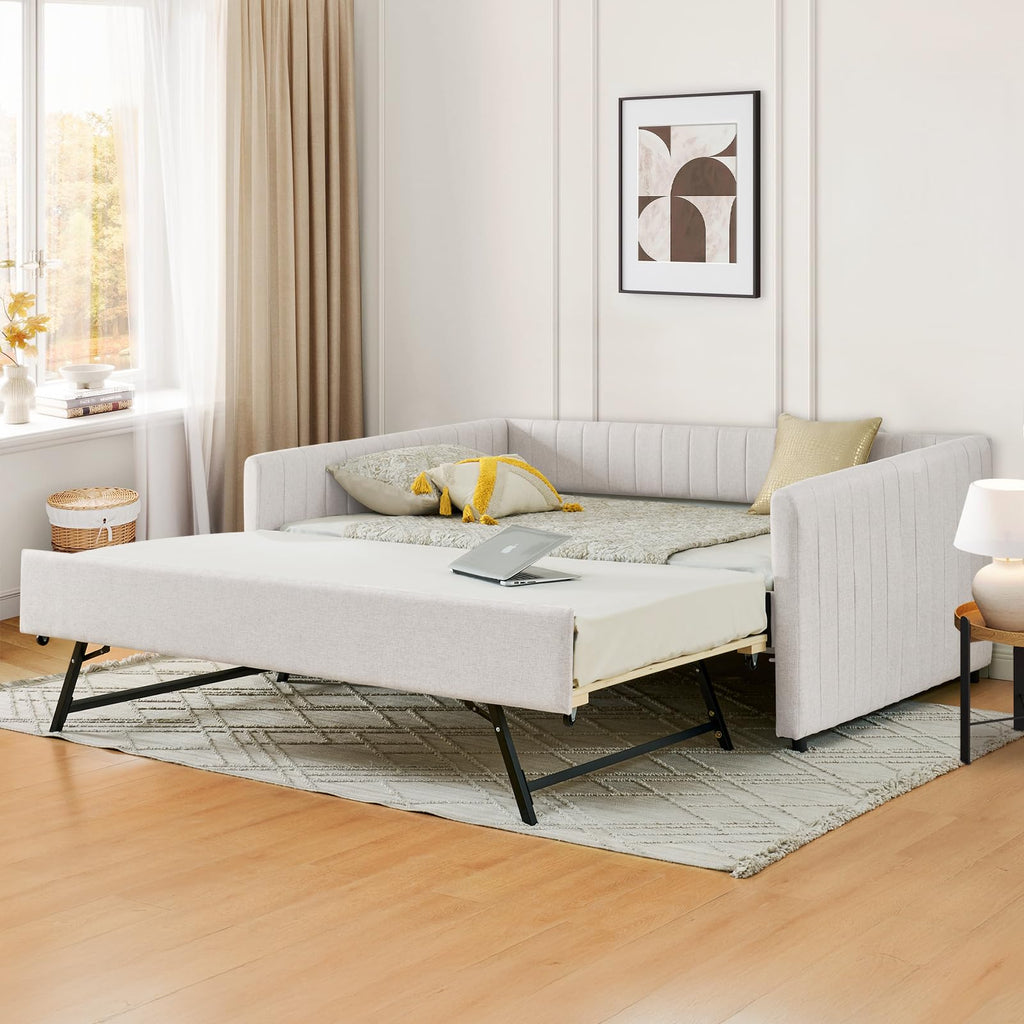 Daybed with Pop Up Trundle Bed, Modern Upholstered Linen Full Size Day Bed Frame with Stripes, Tufted Corner Sofa Bed