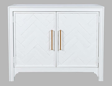Accent Chest with Two Doors, Acacia Wood Chevron Cabinet Entryway, Mid-Century Modern Storage Sideboard, Blanc White