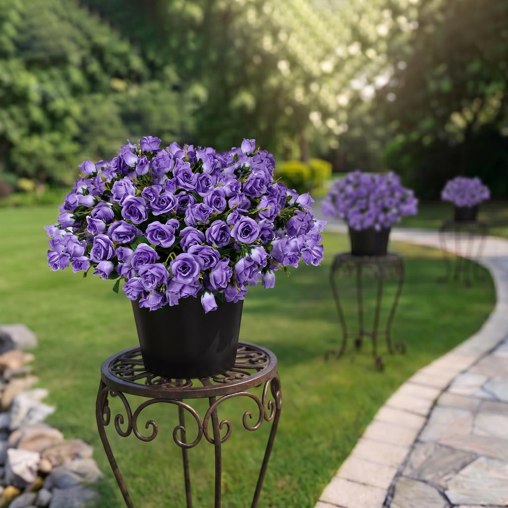 2 Pack Faux Roses Outdoor Potted, Pre-Potted, Purple