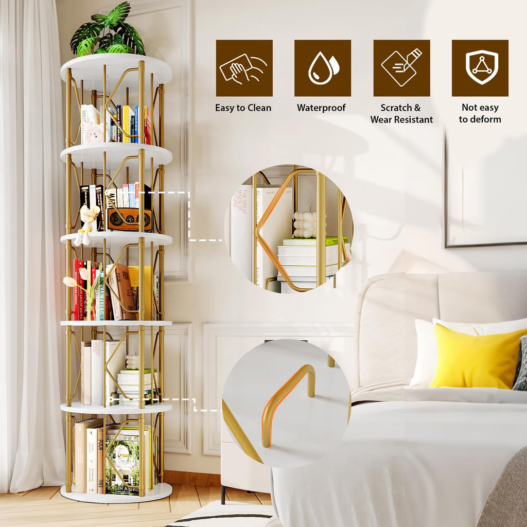 5 Tier Rotating Bookshelf Tower, Revolving Bookcase, Gold & White