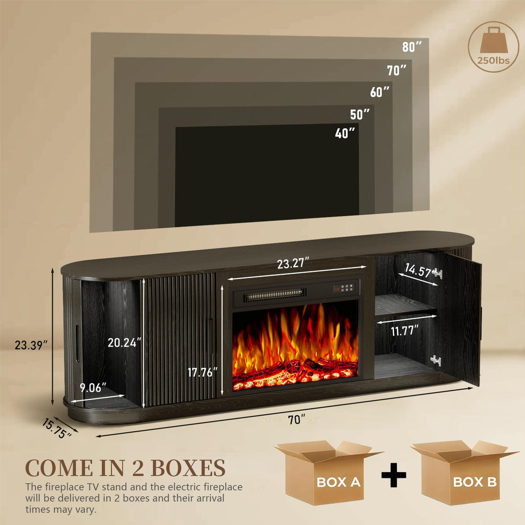 70" Fluted Fireplace TV Stand with 23" Electric Fireplace for TVs Up to 80", Entertainment Center with Sliding Door
