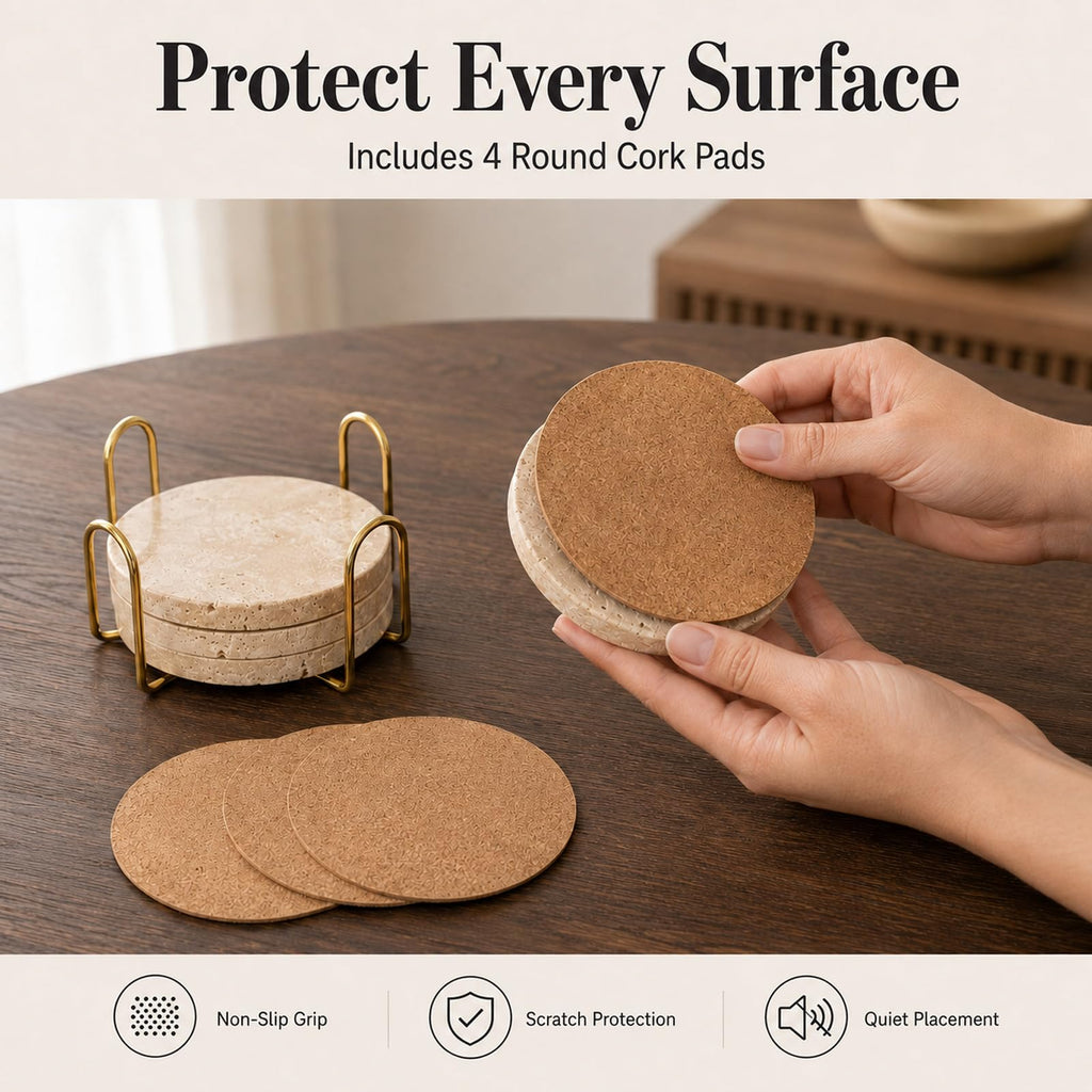 Coasters Natural Travertine Marble Coasters Set of 4 for Drinks Absorbent Stone with Holder Style Ceramic Drink