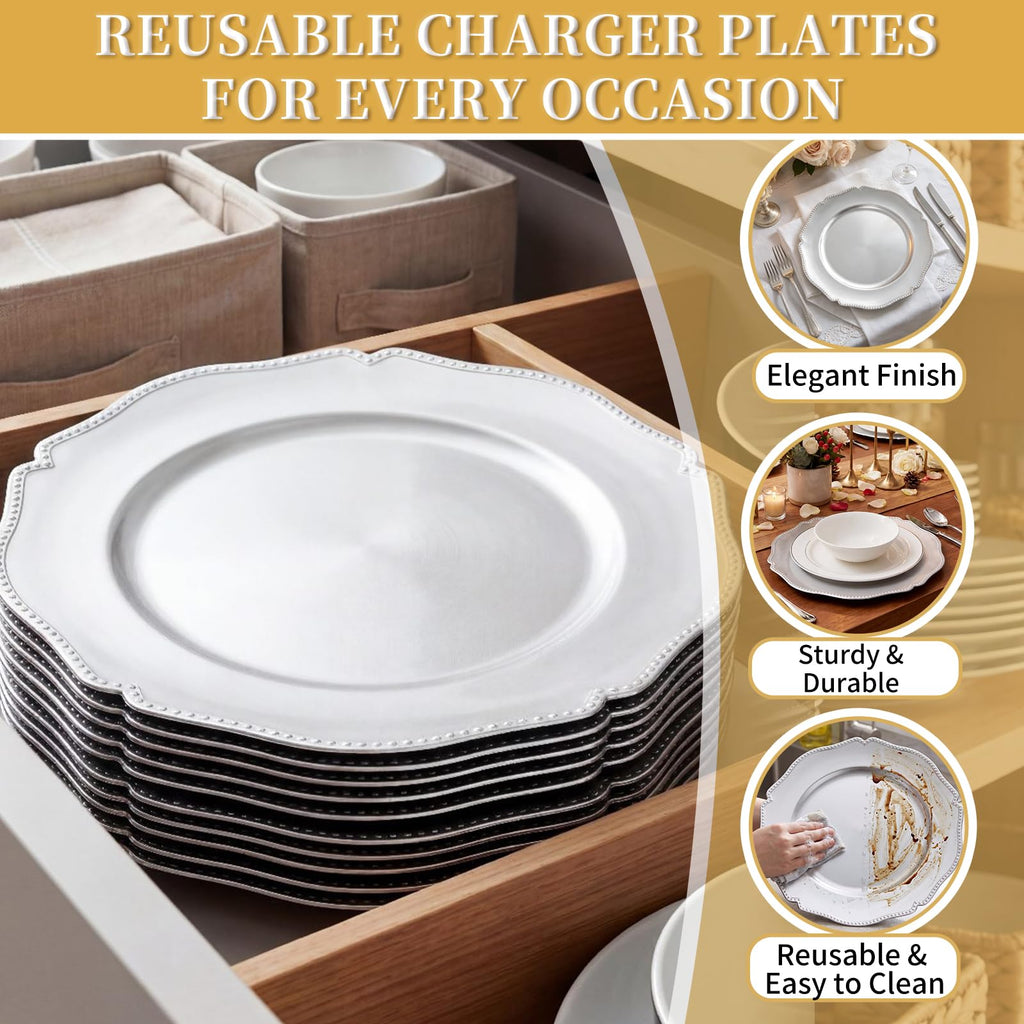 100 Pack Silver Charger Plates with Beaded Rim, 13 Inch Round Silver Chargers for Dinner Plates, Table Chargers for