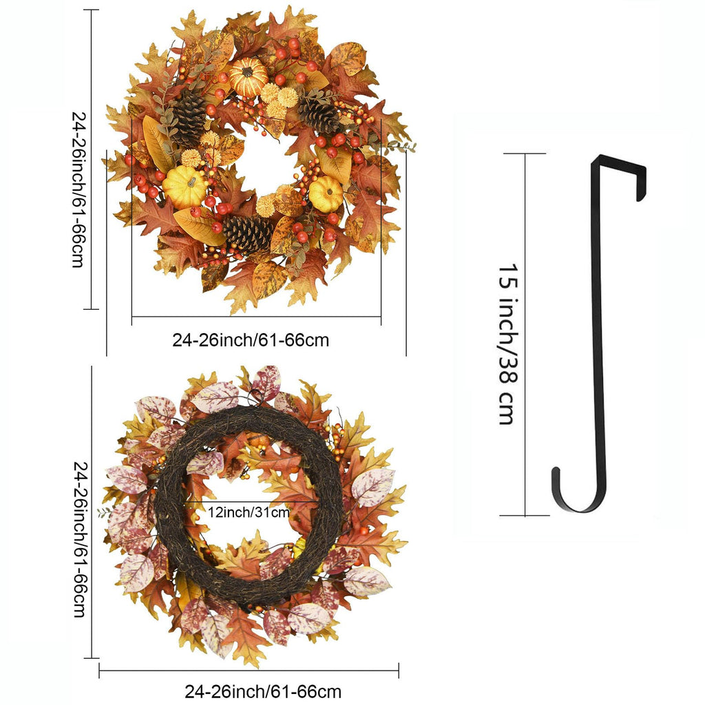 24 Inch Fall Wreath for Front Door, Pumpkin Berry Maple Leaf Autumn Decor