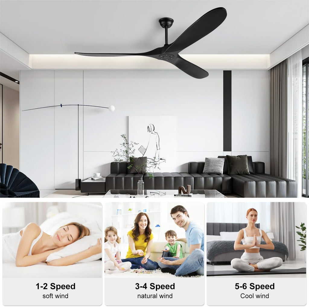 60 Inch Black Ceiling Fan No Light，Indoor Outdoor 3 Blade Wood Ceiling Fans Without Lights for Patios Bedroom Living