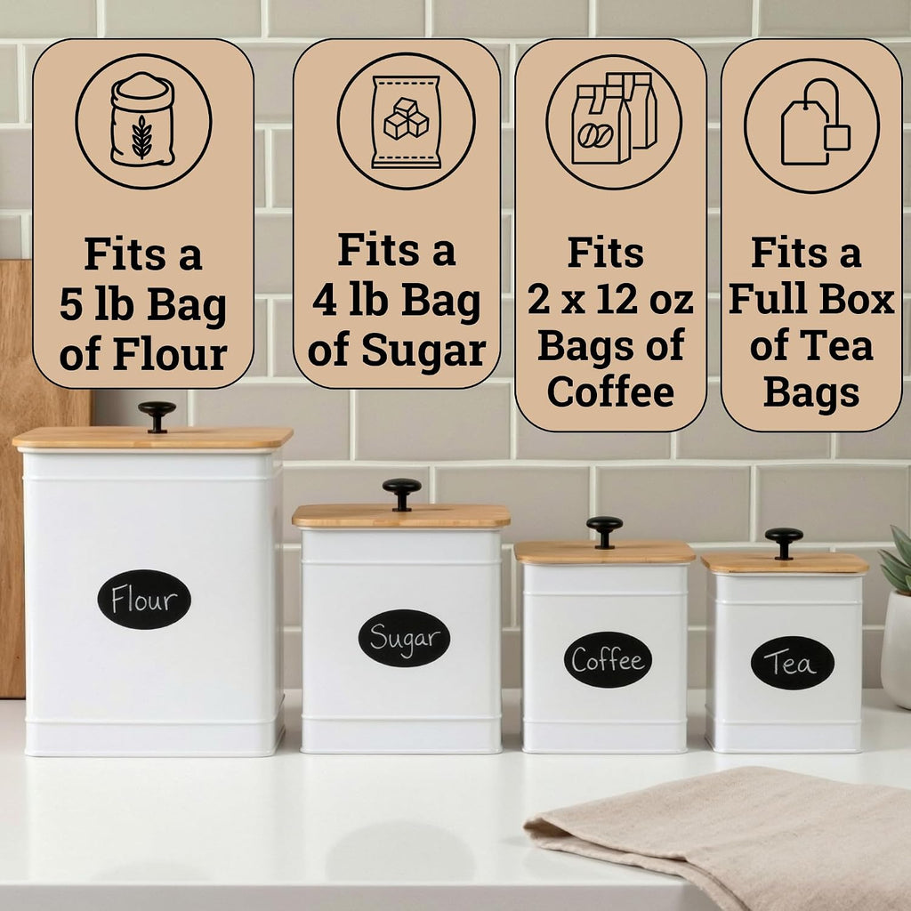 Kitchen Canisters for Countertop w/ Chalkboard Labels & Marker Pen - Set of 4