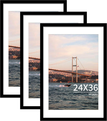 24x36 Picture Frame Black Set of 3, Display Pictures 20x30 with Mat or 24 x 36 Without Mat, Poster Frames 24x36 for