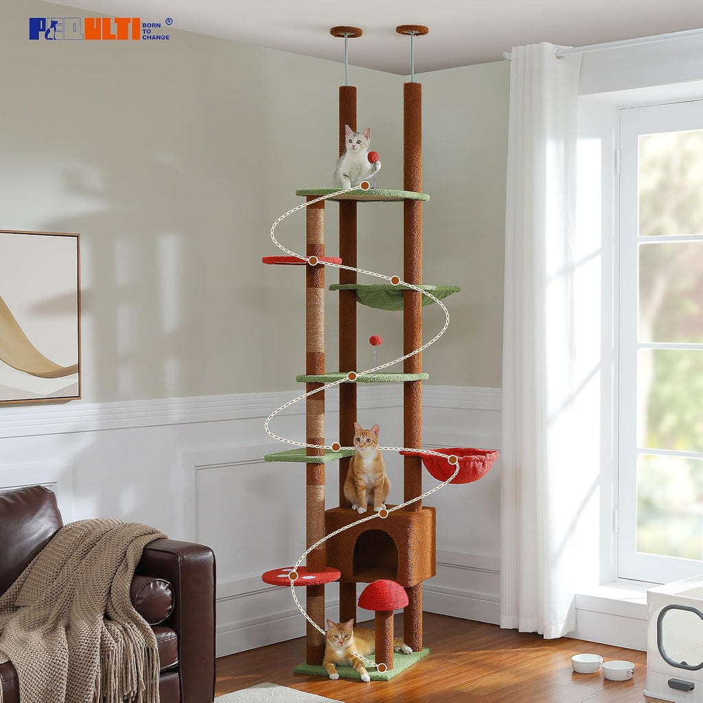 Floor to Ceiling Cat Tree, Height Adjustable 90.5-100.4'', Brown