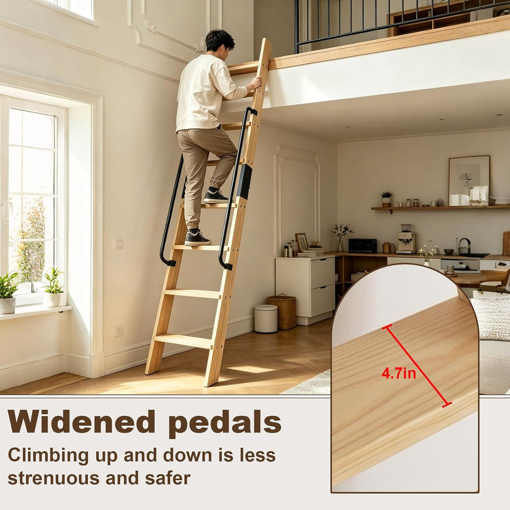 10.8FT Solid Wood Rolling Library Ladder, Industrial Style Loft Ladder with Double Handrails, 10 Steps Attic Ladder