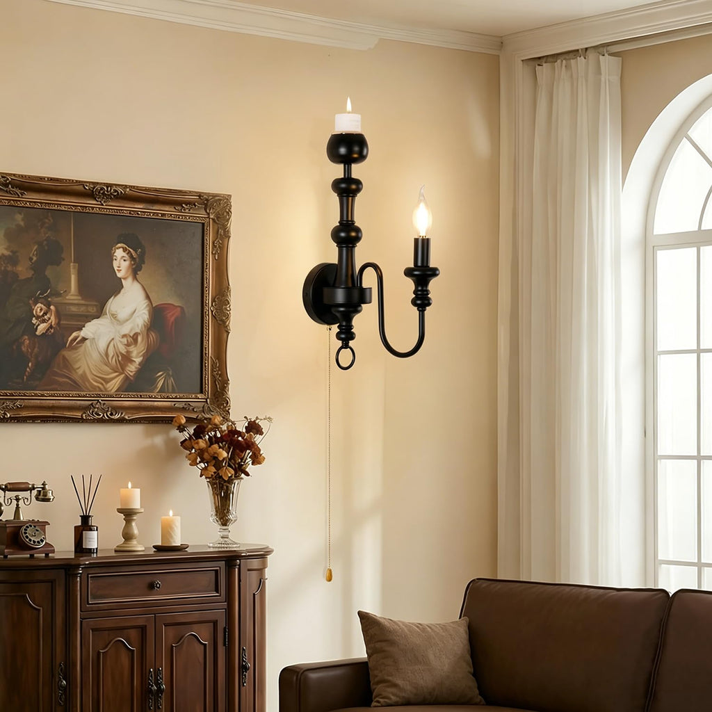 Matte Black Iron Single‐Arm Wall Sconce, Retro Farmhouse Hardwired Wall Lamp with Scented Candle Tray & Pull Chain