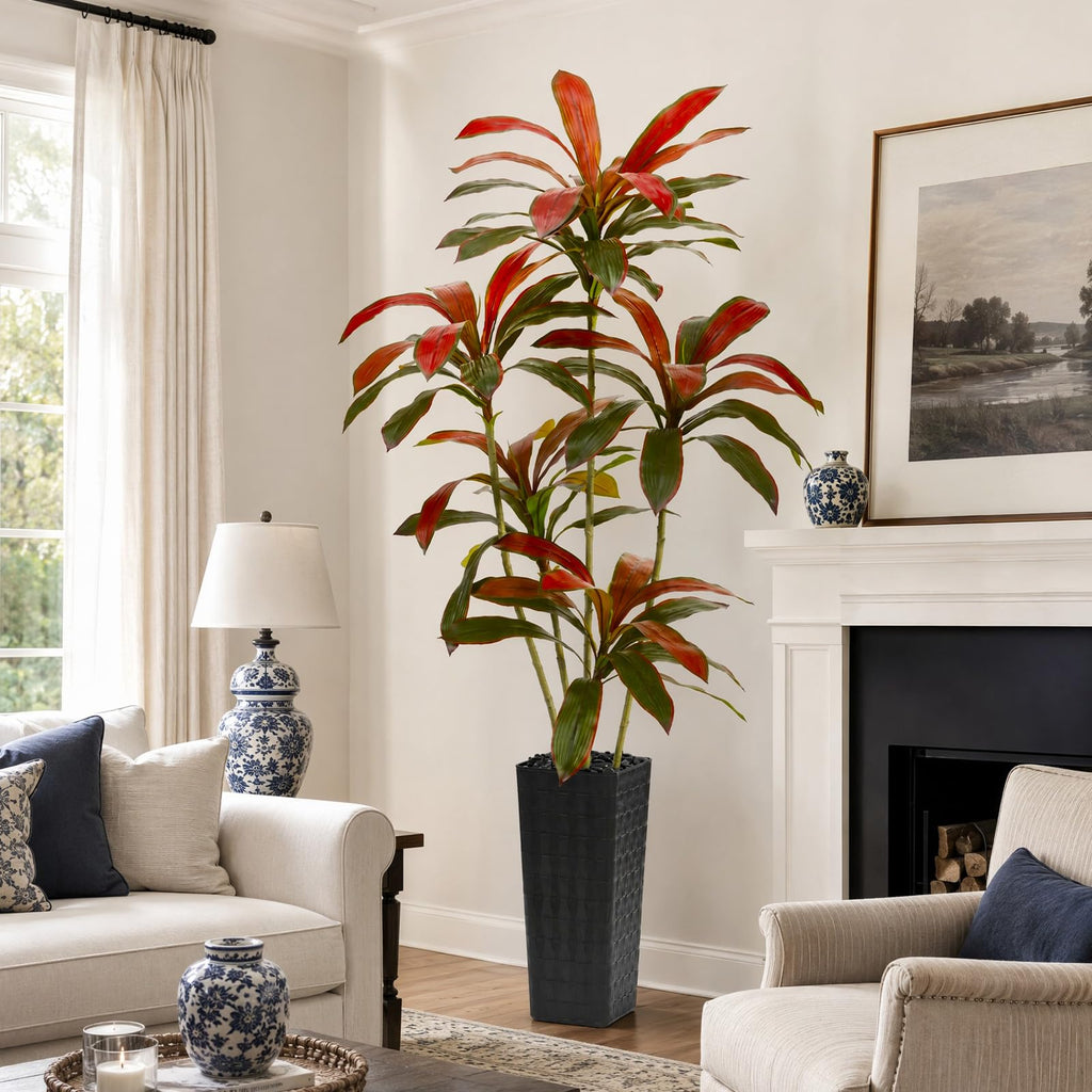 Artificial Red Dracaena Tree 7FT / Black Planter, Faux Plants Indoor