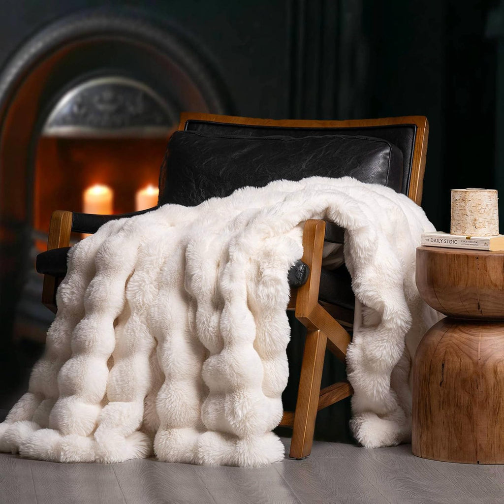 Ultra Soft Luxury Fluffy Faux Rabbit Fur Throw Blanket, Thick Warm Bubble Throw, Cozy Plush Reversible Blankets