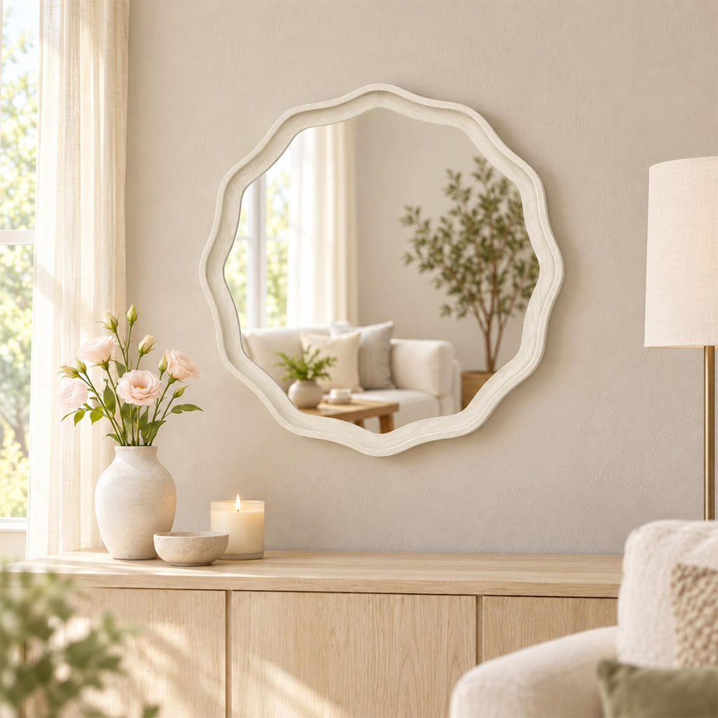 24 Inch Washed White Scalloped Round Bathroom Mirror, Wood Frame