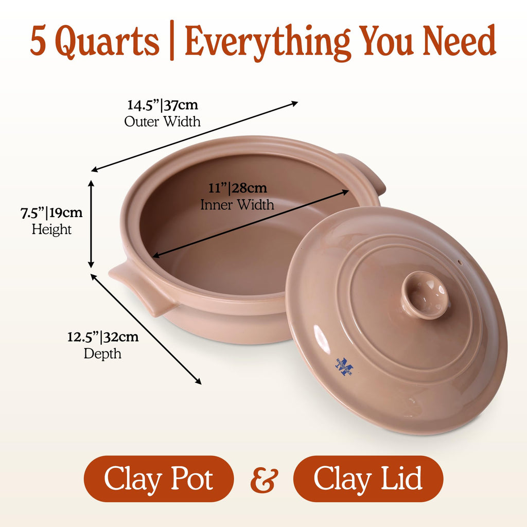 5 Quart Flami Pot with Lid, Natural Clay Pot for Cooking, Non-Toxic PFAS-Free Ceramic Casserole Dish for Oven &