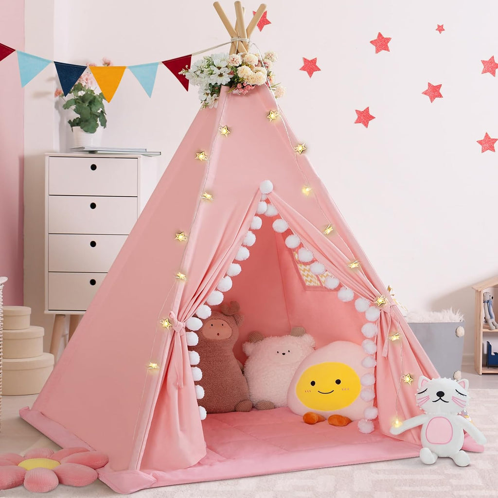 Teepee Tent for Kids with Padded Mat Cotton Canvas Kids Tent with Pompom for Toddlers Indoor Play Tent for Girls Boys