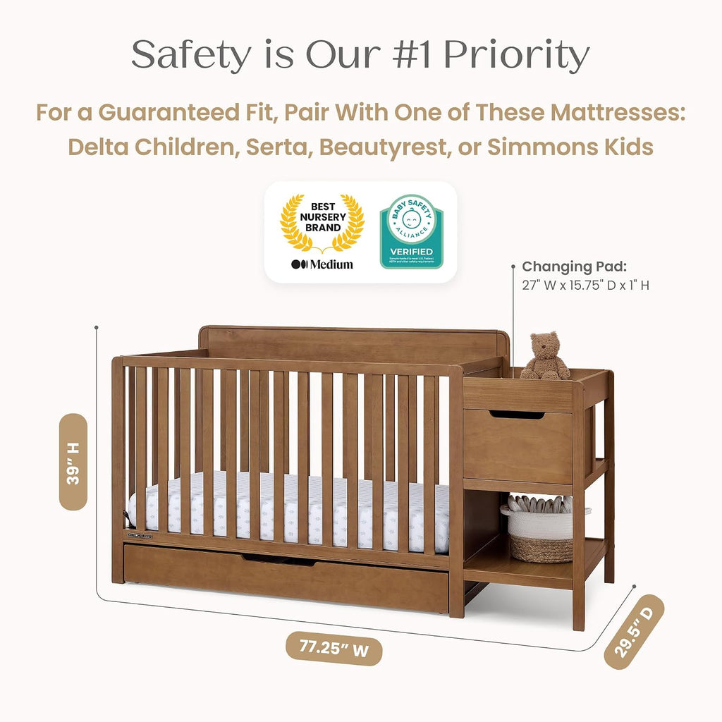 Maya 5-in-1 Convertible Crib and Changer with Storage, Converts to Toddler Bed, Daybed, Sofa & Full Bed, Greenguard